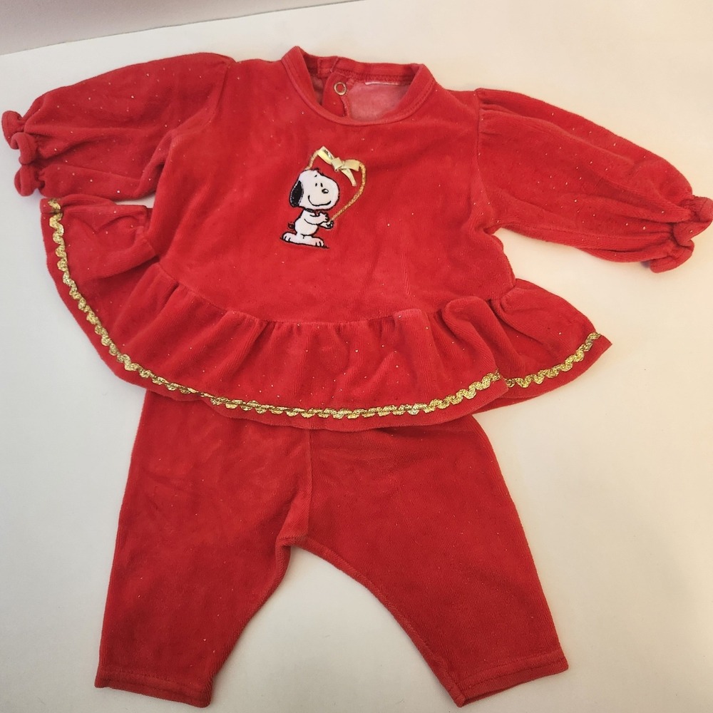 Vtg Snoopy Peanuts Red Velour Peplum Glitter Outfit Set 3-6 Mo Holiday Gold Trim